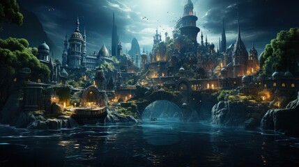 Obraz premium A Nighttime View of a Fantasy City