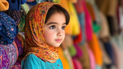 Fototapeta premium A young girl marvels at vibrant textiles, her colorful outfit reflecting her passion for unique fashion styles.