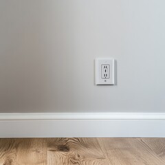 Modern electrical outlet on a gray wall above a wooden floor. Minimalist interior design emphasizing clean lines and functionality.