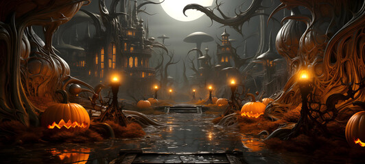 Halloween in sci-fi gothic style, a dark fantasy realm, orange pumpkins, evil creatures, modern surrealistic ambience, futuristic mysterious atmosphere. Unique background for invitation card, banner. 