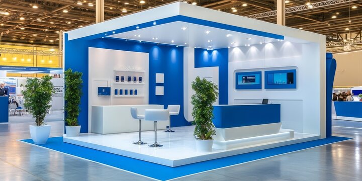 Modern exhibition booth with blue and white design, sleek furniture, and indoor plants at a trade show event, illuminated by bright lighting.