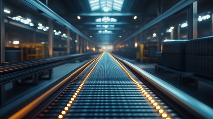 Modern factory conveyor belt with bright lights in an industrial warehouse, showcasing automation and advanced technology.