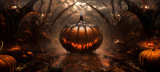 Halloween in sci-fi gothic style, a dark fantasy realm, orange pumpkins, evil creatures, modern surrealistic ambience, futuristic mysterious atmosphere. Unique background for invitation card, banner. 