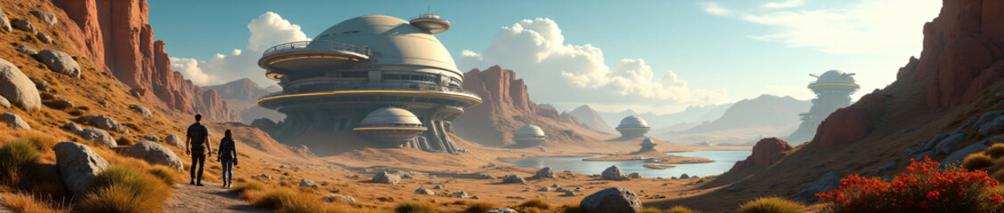 Naklejka premium 360 degree, futuristic colony on a distant exoplanet, showing domed habitats, space vehicles, alien. HDRI spherical panorama.