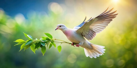 Obraz premium Dove beautifully carrying a leaf branch, dove, bird, nature, wildlife, branch, leaf, elegant, peaceful, harmony, feathers, wings