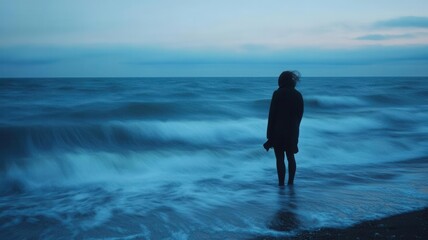 A person standing by the ocean at dusk, waves crashing against the shore, with the wind pulling at their clothes, symbolizing inner turmoil and grief