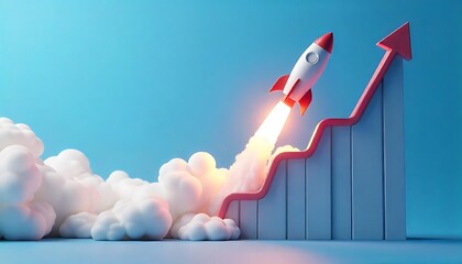 Fototapeta premium upward trending graph with a rocket flying of against a blue background