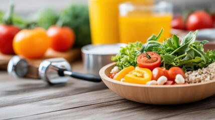 Colorful fresh salad with vegetables and grains, perfect for healthy meals and fitness lifestyles, promoting wellness and nutrition.