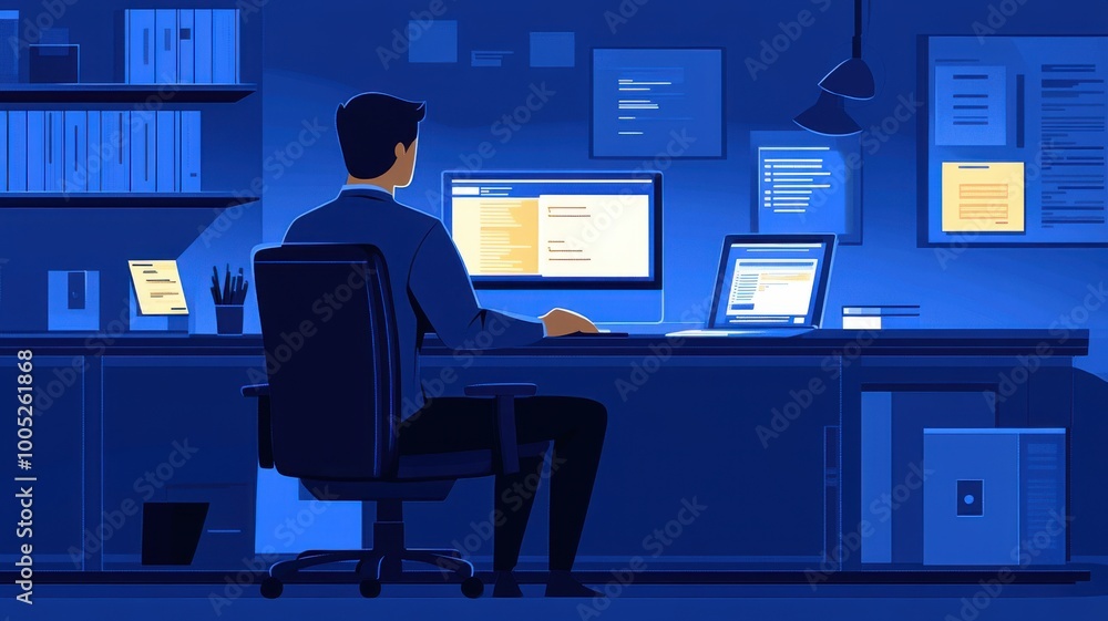Poster person working at a desk with computers in a dimly lit office environment.