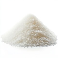 Pile of white sugar on a white background, showcasing fine granulated texture and crystals, perfect for cooking, baking, and food photography.