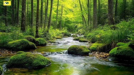 Obraz premium A serene forest stream flows through a lush, green forest, sunlight dappling the water.