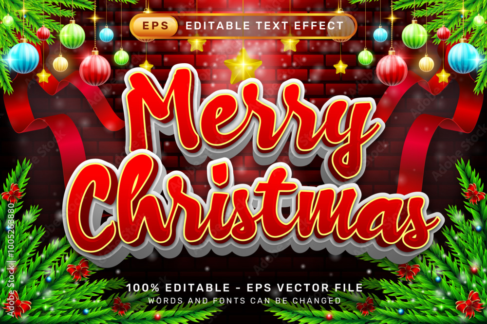 Poster merry christmas 3d text effect and editable text effect with christmas element background