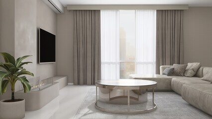 Luxury, modern living room with flat screen television, sofa, coffee table on rug in sunlight from sheer, brown blackout curtain on beige wall for interior design decoration, product background 3D