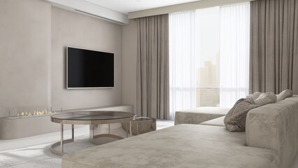 Black flat screen television on beige wall with sofa, coffee table in living room in sunlight from sheer, brown blackout curtain for interior design decoration, product background 3D