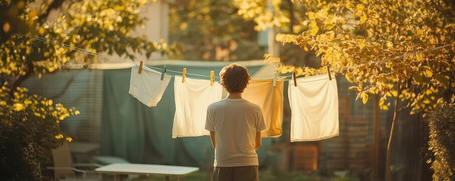 Person air-drying clothes on a clothesline in the backyard to save energy, energy savings, eco-friendly home solutions