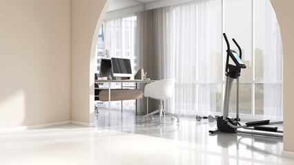 Working and home gym corner with wooden desk, air walker in sunlight from window arch with sheer curtain on beige wall luxury, modern bedroom for interior design decoration, product background 3D