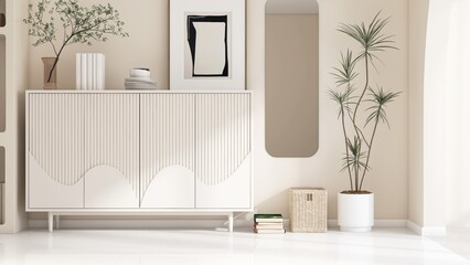 Modern, luxury beige living room wall with white cabinet, mirror, tree on tile floor in sunlight from window for cozy interior design decoration, product background 3D