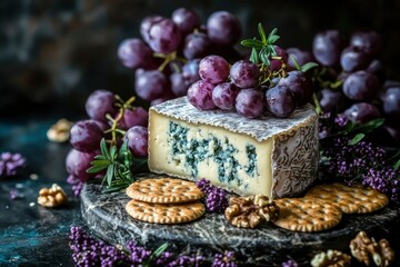 Fototapeta premium Blue Cheese, Grapes, Crackers, and Walnuts on a Marble Board