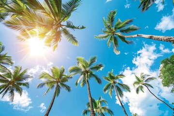 Obraz premium Coconut palm trees with blue sky background. Summer vacation concept
