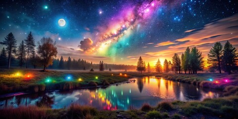 Enchanting night landscape with glowing spectral presence and vibrant light painting effects, night, landscape