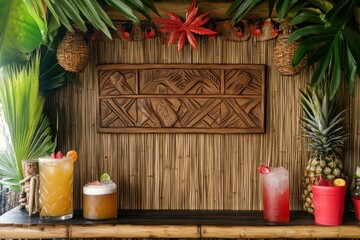 Charming tiki bar with wooden sign border promoting summer drink specials and sales