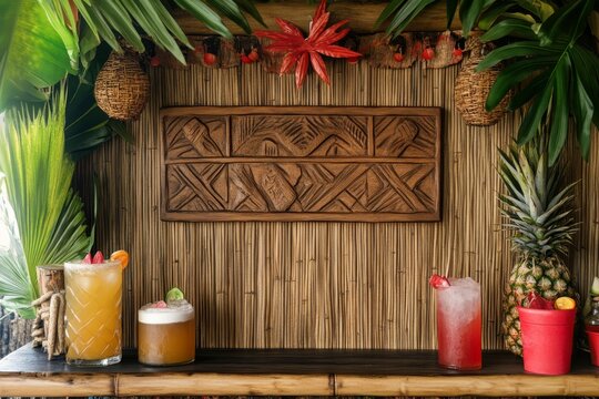 Charming tiki bar with wooden sign border promoting summer drink specials and sales