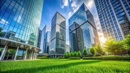 Low angle shot of modern glass buildings and green with clear sky background, skyscraper, architecture, urban, cityscape