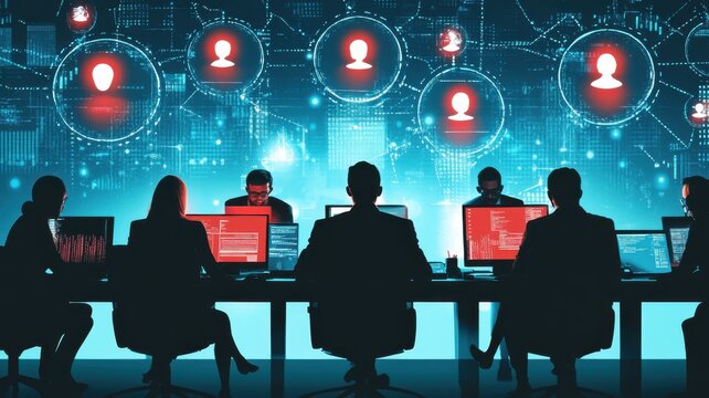 Silhouettes of professionals collaborating in a tech-driven meeting room.