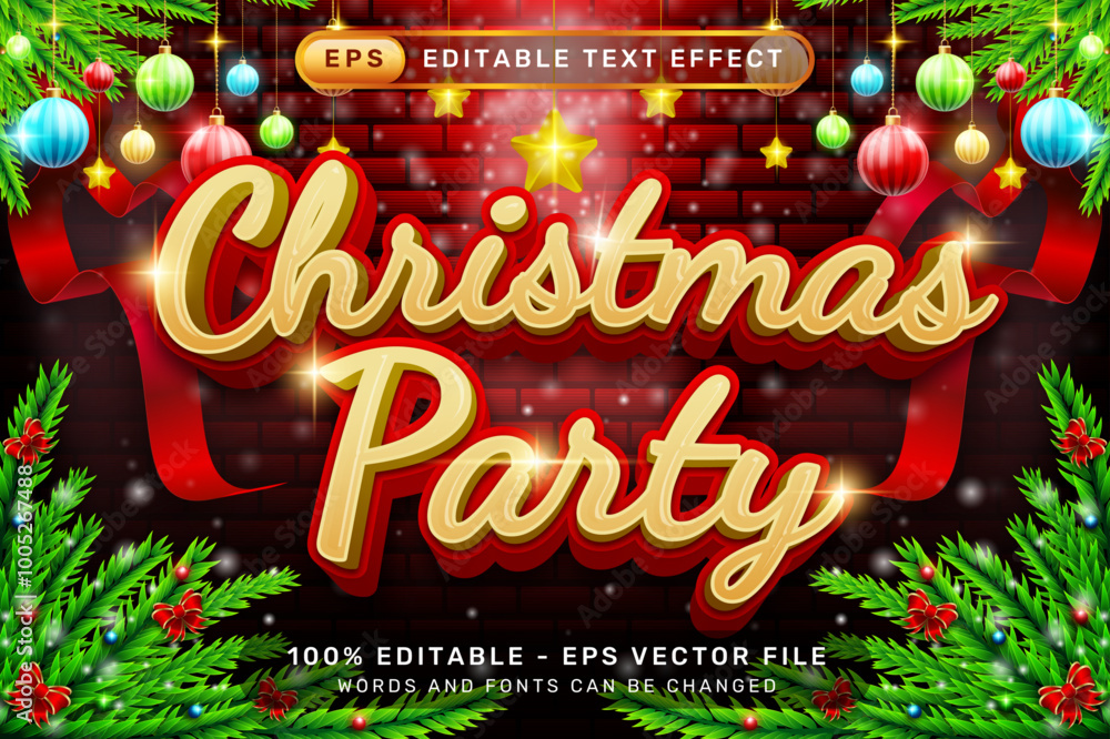 Poster christmas party 3d text effect and editable text effect with christmas element background