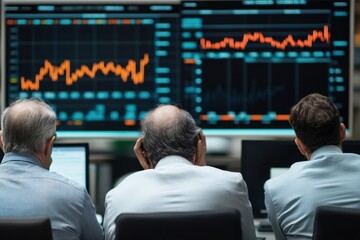 Group of investors analyzing diversified market trends using digital tools in a corporate setting, investment diversification, financial planning session