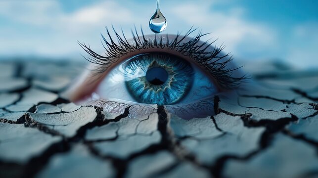 Abstract depiction of dry eyes, with a single drop falling onto a cracked, desert-like surface, dry eye concept, discomfort relief