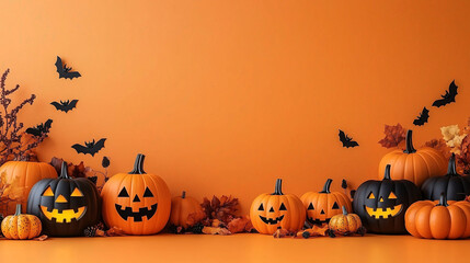 Halloween Background with Decorations with Pumpkins, and Skeleton Hand Holding Candy on Orange Background with Central Blank Space for Text or Graphics