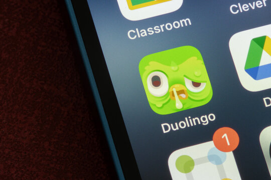 Portland, OR, USA - Sep 1, 2024: Duolingo app icon is seen on an iPhone. Duolingo, Inc., is an American educational technology company that produces learning apps and offers language certification.