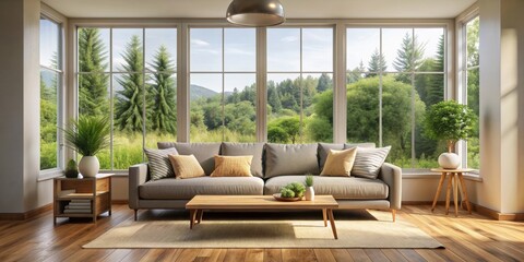 Fototapeta premium Cozy living room with large windows, wooden floor, and a sofa for relaxation and healing, cozy, living room