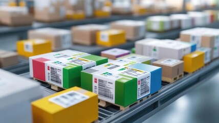 Close-up of product tracking labels in a global warehouse, inventory tracking, product logistics