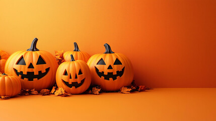Minimalist Halloween Decorations with Pumpkins on an Orange Background, Featuring a Large Blank Space in the Center for Text or Graphics