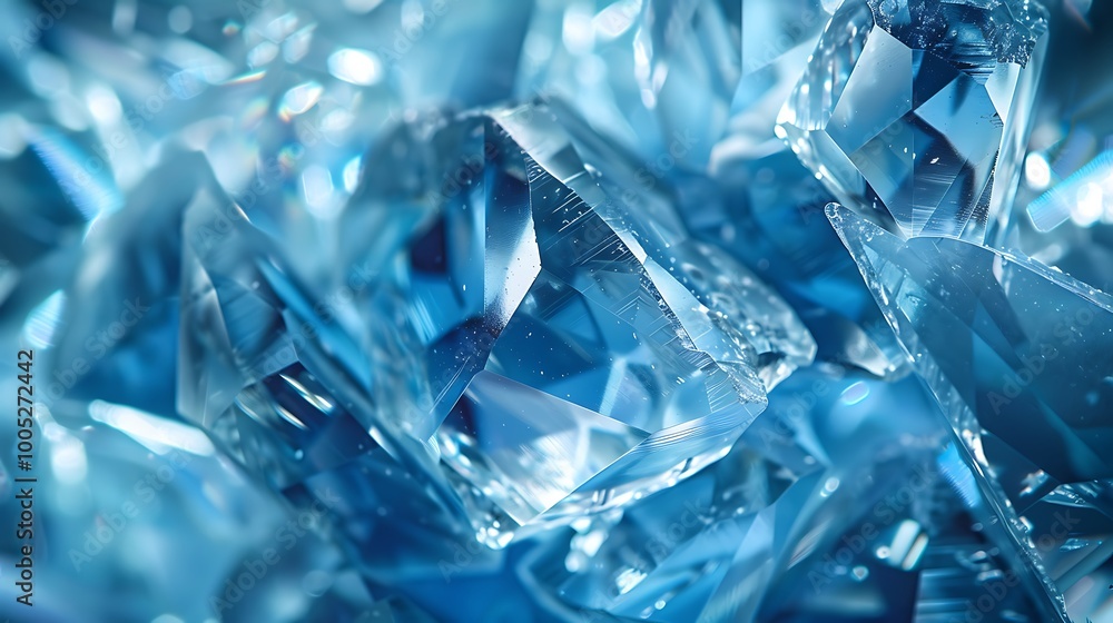 Poster close-up of a cluster of blue crystals, each with a sharp, reflective surface. the crystals are arra