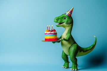 A green dinosaur wearing a party hat holds a colorful birthday cake with lit candles on a blue background.
