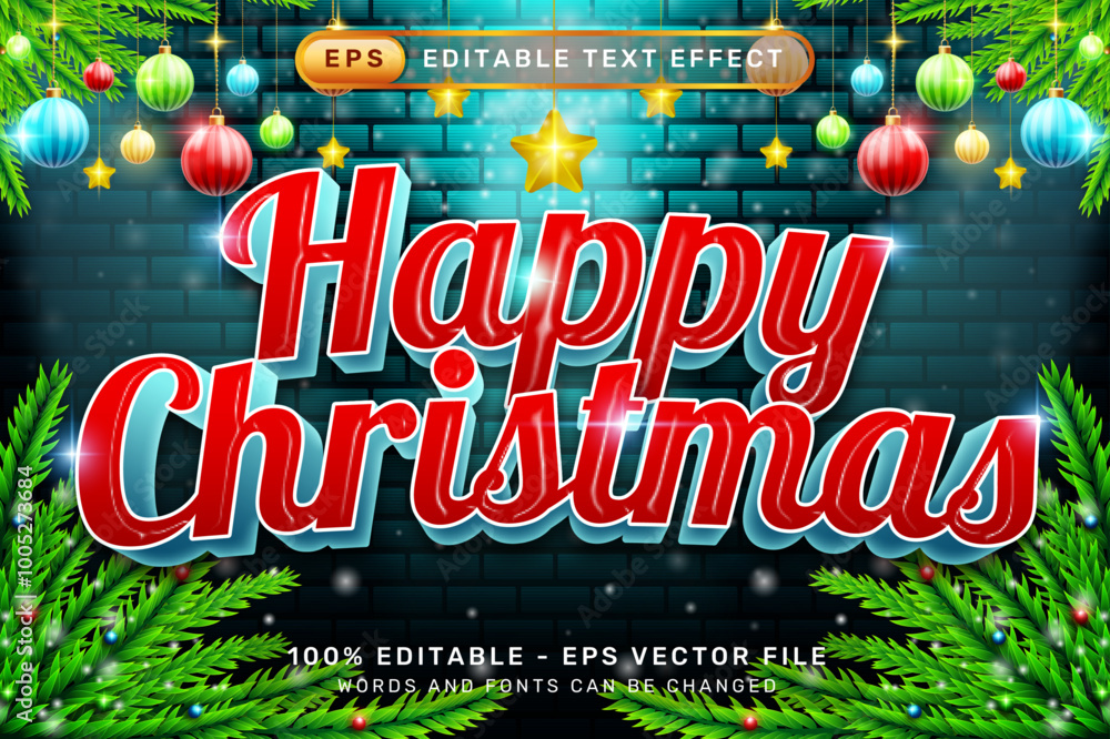 Poster happy christmas 3d text effect and editable text effect with christmas element background
