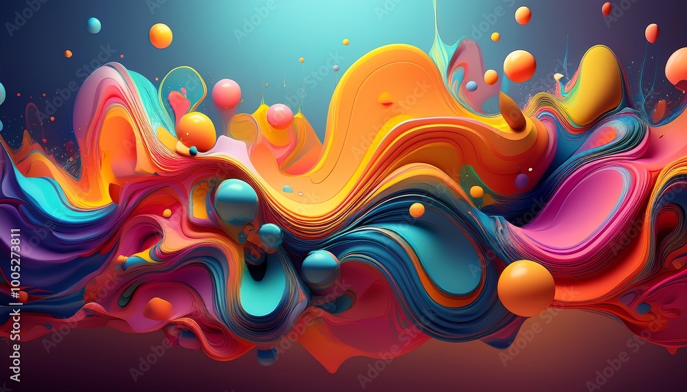 Poster a vibrant abstract composition featuring flowing waves of color and spherical elements, creating a d
