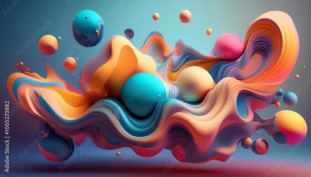 Aufkleber a vibrant 3d abstract composition featuring flowing shapes and colorful spheres on a smooth gradient