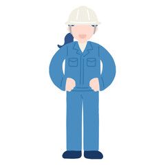 両手を腰にあてて立つヘルメットをかぶった作業服の女性のフラットなイラスト
