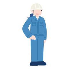腰に手をあてて立つヘルメットをかぶった作業服の女性のフラットなイラスト
