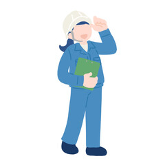 クリップボードを持ちヘルメットに手を添えて立つ作業服の女性のフラットなイラスト
