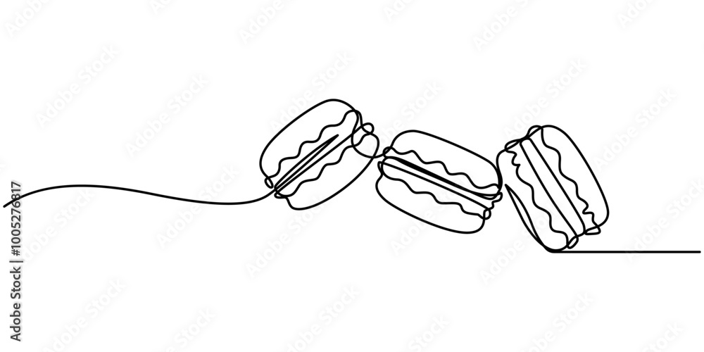 Poster continuous one line drawing of colorful french macaroons isolated on white background, cookie drawin