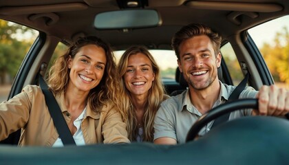 Three cheerful friends riding in a car, laughing and having fun, with sunlight streaming in, capturing the joy of travel.