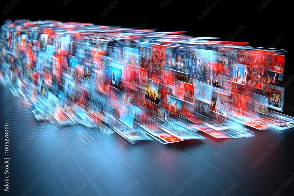 Poster dynamic display of multimedia content moving rapidly in a blurred motion with vibrant colors and div