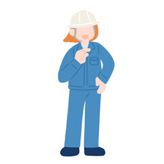 腰に手をあて横を指さしながら話すヘルメットをかぶった作業服の女性のフラットなイラスト
