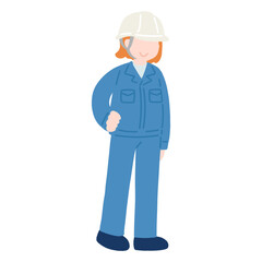 腰に手をあて斜め下を見るヘルメットをかぶった作業服の女性のフラットなイラスト
