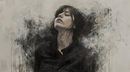 A Portrait of Introspection: A Black and White Painting of a Woman